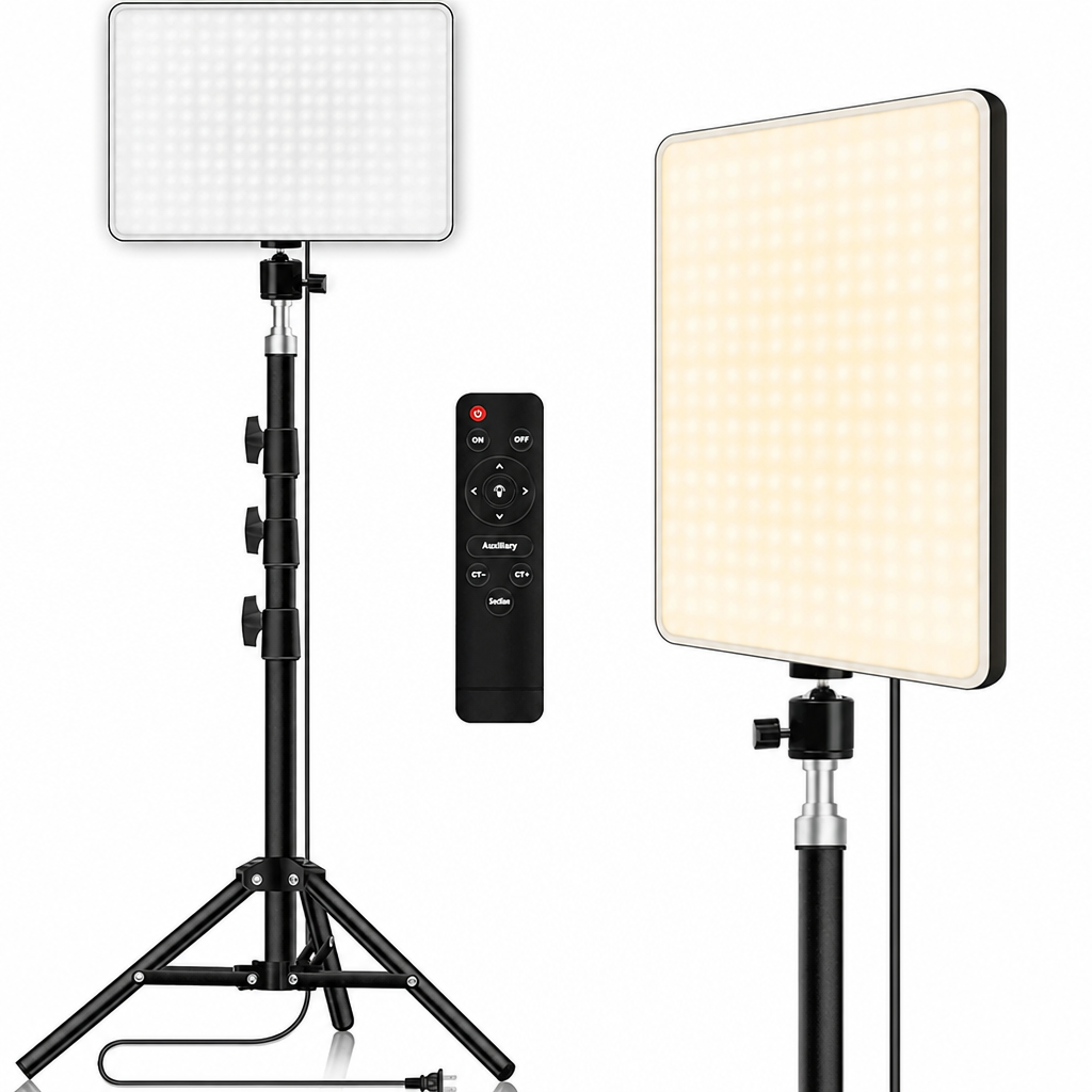 LED studijas gaisma 50W ar 720 LED paneļiem, regulējams trijkājis, tālvadības pults, 2500K–7500K krāsu temperatūras un spilgtuma regulēšana foto un video uzņemšanai, LED apgaismojums fotografēšanai, video studijas lampu komplekts