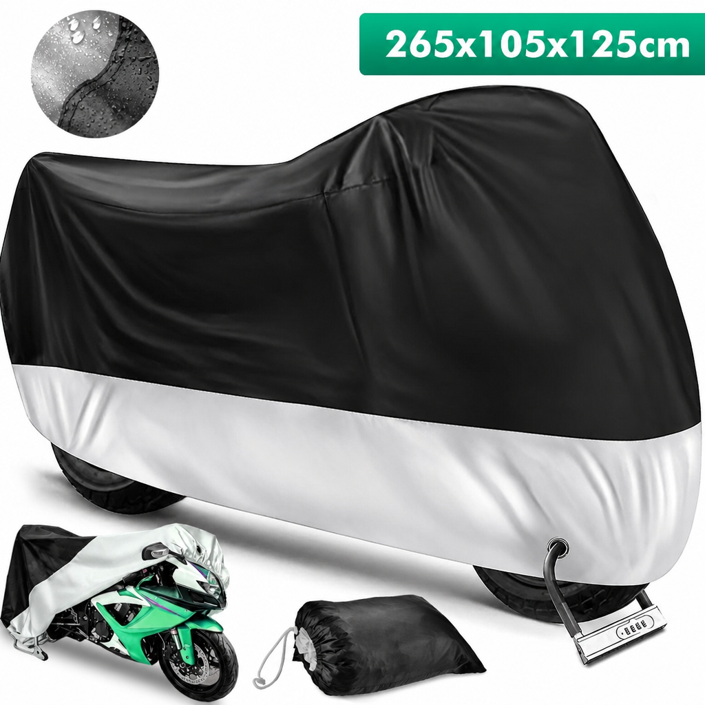 Motocikla pārvalks ūdensnecaurlaidīgs, izmērs 265x105x125 cm, ar stiprināšanas siksnām un elastīgu apakšmalu, motocikla aizsargpārsegs, motocikla brezenta pārsegs