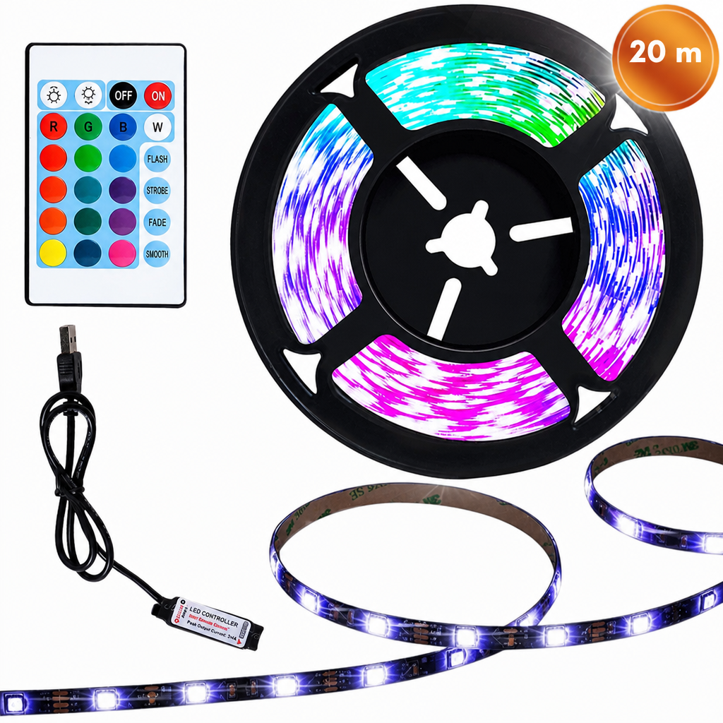 LED juostų rinkinys 20 m, RGB šviesos diodų juosta su nuotolinio valdymo pultu, LED šviesos juosta, RGB apšvietimo juosta