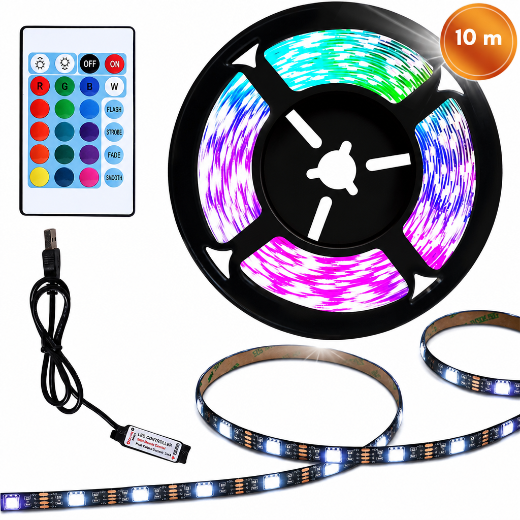 RGB LED juosta 10 m su USB maitinimu ir nuotolinio valdymo pulteliu, LED šviesos juosta, LED apšvietimo juosta