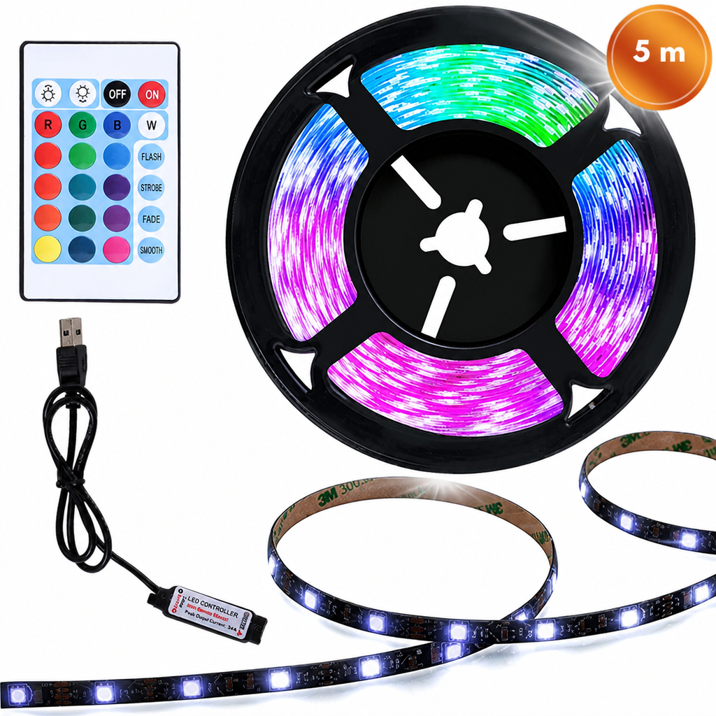 LED juostelė 5 m RGB, maitinama per USB, su nuotolinio valdymo pulteliu, LED šviesos juosta, RGB apšvietimo juosta