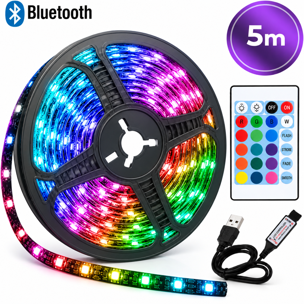 LED RGB juosta 5 m su „Bluetooth“ valdymu, LED šviesos juostelė, LED RGB apšvietimo juosta