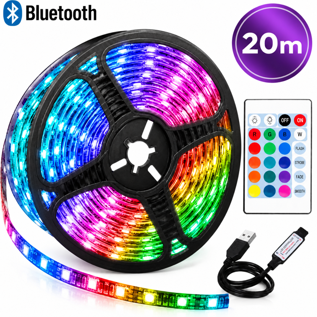 RGB LED juosta 20 m su „Bluetooth“ valdymu, daugiaspalvė LED šviesos juosta, spalvota LED apšvietimo juostelė