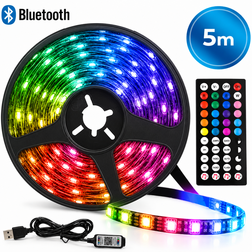 LED RGB juostelė 5 m su „Bluetooth“ valdymu ir pulteliu, LED šviesos juosta, LED lemputių juostelė