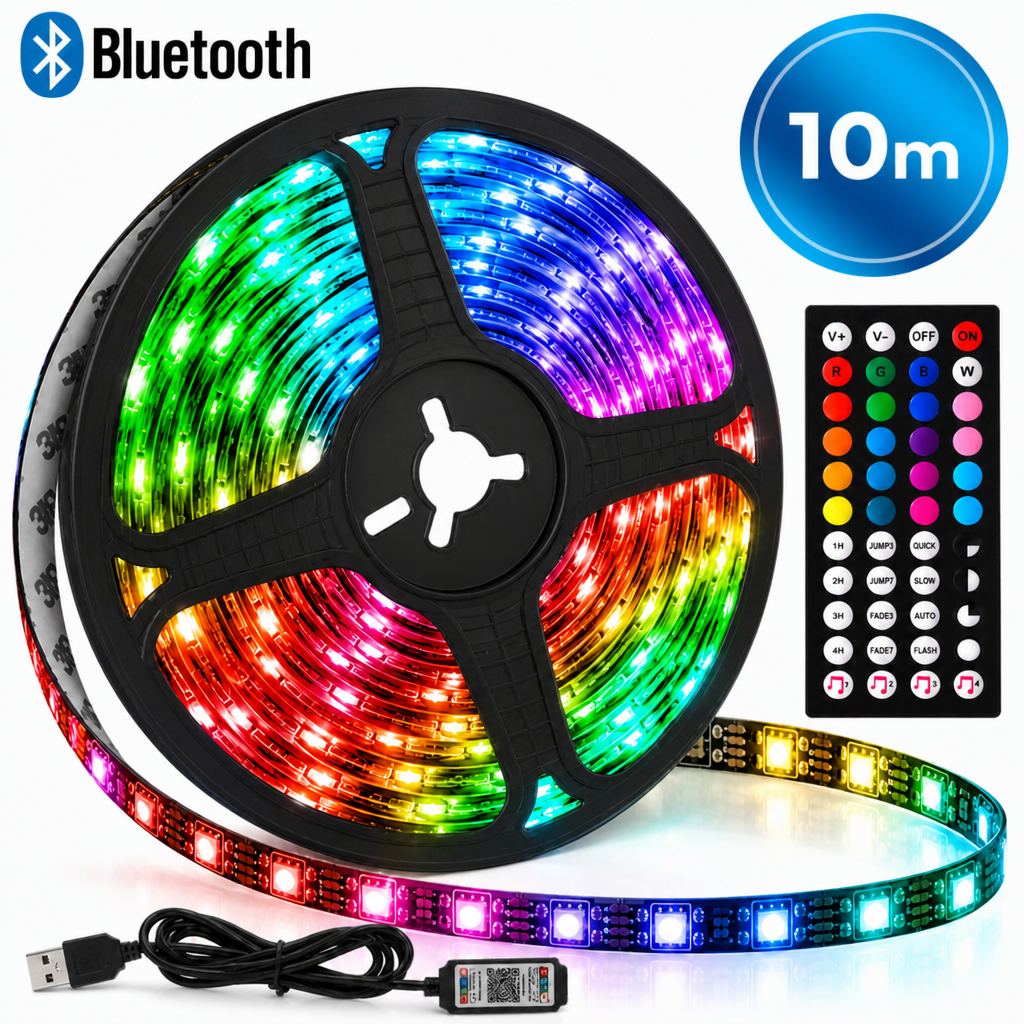 LED juostelė RGB 10 m su „Bluetooth“ valdymu ir pulteliu, LED šviesos juosta, LED apšvietimo juosta