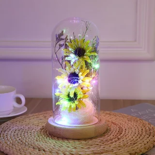 Päevalillede LED öölamp klaaskupli ja igaveste lilledega, valgustusega päevalillede kaunistus, LED lillelamp 3