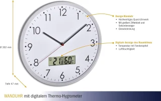 Seinakell termomeetri ja hügromeetriga 29 cm, digitaalne termomeetriga hügromeetriga seinakell, termo-hügromeetri kell 5