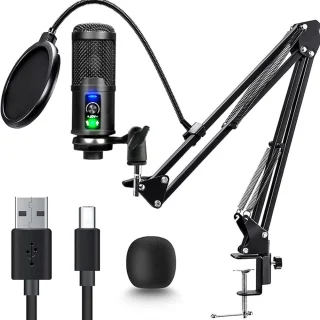 USB-C mikrofonikomplekt koos liigendraamiga lauastatiiviga ja pop-filtriga, USB Type-C mikrofon, kondensaatormikrofon komplekt
