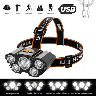 LED pealamp 5 LED-iga, laetav, veekindel, laetav LED pealaterna, veekindel akuga pealamp 3