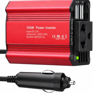 Automobilinis įtampos keitiklis 12V į 220V, 150 W maitinimo keitiklis iš DC į AC, su 1 AC lizdu ir dvigubu USB įkrovikliu, automobilinis inverteris, automobilio maitinimo keitiklis