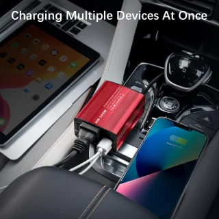 Auto sprieguma pārveidotājs 12V uz 220V, 150W DC–AC invertors ar 1 maiņstrāvas kontaktligzdu un dubulto USB auto lādētāja adapteri, auto barošanas invertors, automašīnas 12V uz 220V pārveidotājs 4