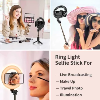 LED rõngasvalgusti 16 cm statiiviga ja selfipulgaga, rõngaslamp telefonile, selfivalgusti statiivil 5