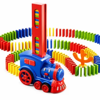 Domino vilcieniņš ar automātisko izkārtošanu, elektriska domino lokomotīve ar 200 kauliņiem, domino uzstādīšanas vilciens, automātiskais domino rotaļu vilciens