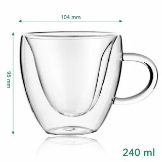 Puodeliai širdelės formos, 240 ml talpa, rinkinys iš 2 vnt., širdelės formos stikliniai puodeliai, dvigubos sienelės širdies puodeliai 3