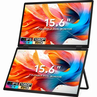 Divkāršs portatīvais monitors klēpjdatoram 15,6" 1920×1080, dubultais ekrāns ar diviem 15,6 collu displejiem, papildu portatīvais monitors klēpjdatoram, salokāms divu ekrānu displejs