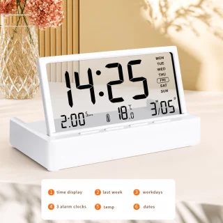 Digitālais LCD modinātājpulkstenis ar caurspīdīgu displeju un istabas termometru, galda pulkstenis ar modinātāju, naktsgaldiņa pulkstenis 2