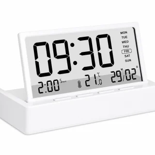 Digitālais LCD modinātājpulkstenis ar caurspīdīgu displeju un istabas termometru, galda pulkstenis ar modinātāju, naktsgaldiņa pulkstenis