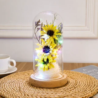 Saulespuķu LED naktslampa dekoram ar spīdošām mūžīgajām ziedu kompozīcijām stikla kupolā, dekoratīvā LED ziedu gaisma, saulespuķu dekors ar gaismām 3