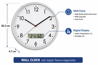 Sienas pulkstenis ar termometru un higrometru, digitāls termo-higrometra sienas pulkstenis, 29 cm, pulkstenis ar temperatūras un mitruma mērītāju, sienas pulkstenis ar iebūvētu termometru 5