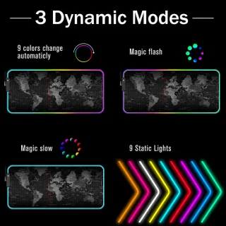 RGB spēļu peles paliktnis 80x30 cm ar pasaules karti un LED apgaismojumu, RGB galda paliktnis, izgaismots peles paklājiņš 5