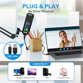 USB‑C mikrofona komplekts ar kantīlvera statīvu un pop filtru, USB Type‑C mikrofons ar galda turētāju, mikrofons ar regulējamu šūpojošo roku 4
