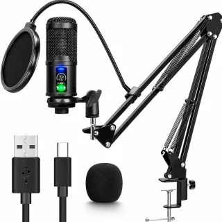 USB‑C mikrofona komplekts ar kantīlvera statīvu un pop filtru, USB Type‑C mikrofons ar galda turētāju, mikrofons ar regulējamu šūpojošo roku