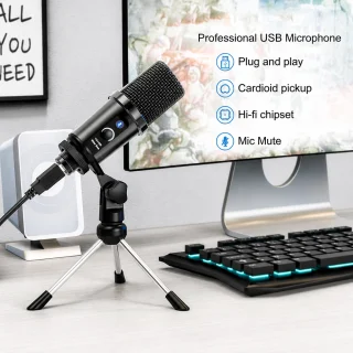 USB kondensatora mikrofons ar statīvu, augstas kvalitātes mikrofons ar trijkāja galda statīvu, USB ieraksta mikrofons ar statīvu 4
