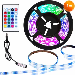 RGB LED lente 5 m, USB barošana, ar tālvadības pulti, RGB LED apgaismojuma lente, LED gaismas josla