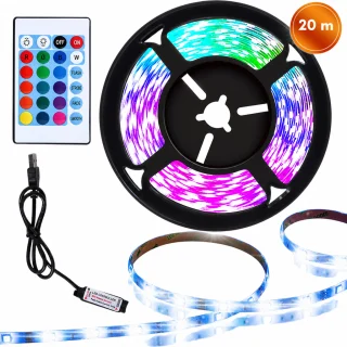 RGB LED gaismas lente 20 m ar pulti, LED apgaismojuma lente ar tālvadības pulti, LED dekoratīvā gaismas josla