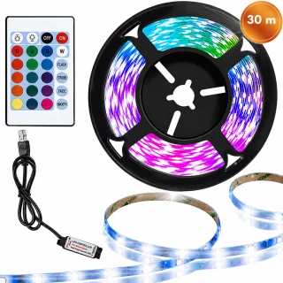 RGB LED lente 30 m ar USB pieslēgumu un tālvadības pulti, LED gaismas lente, krāsainā LED diožu sloksne