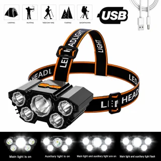 LED galvas lampa ar 5 diodēm, uzlādējama, ūdensizturīga, galvas lukturis, pieres lukturītis 3