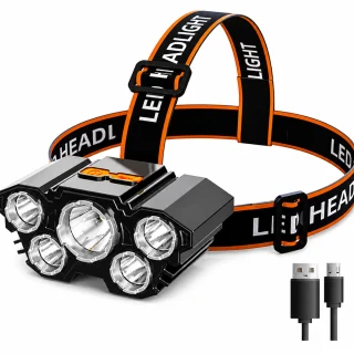 LED galvas lampa ar 5 diodēm, uzlādējama, ūdensizturīga, galvas lukturis, pieres lukturītis