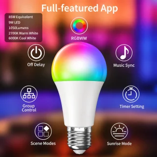 Viedā RGB LED spuldze 10W ar WiFi un Bluetooth, E27 cokols, viedā lampiņa, RGB krāsu maiņas spuldze 2