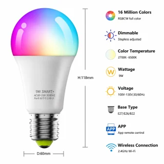 Viedā RGB LED spuldze 10W ar WiFi un Bluetooth, E27 cokols, viedā lampiņa, RGB krāsu maiņas spuldze 3