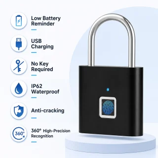 Piekaramā pirkstu nospiedumu slēdzene, ūdensizturīga, USB uzlādējama, ar automātisko bloķēšanu, gudrā pirkstu nospiedumu atslēga, biometriskā piekaramā slēdzene 2