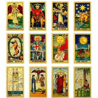 Tarot kāršu komplekts ar zelta foliju, 78 kārtis no ūdensizturīga papīra zīlēšanai un pareģošanai ar izturīgu iepakojumu, zīlēšanas kārtis, zelta tarot kārtis 5