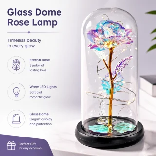 LED roze stikla kupolā, dekoratīva balta rozes gaisma, stikla kupola roze ar LED apgaismojumu, dekoratīva rozes lampa 2