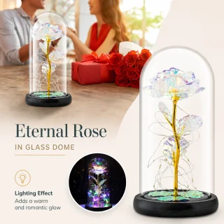 LED roze stikla kupolā, dekoratīva balta rozes gaisma, stikla kupola roze ar LED apgaismojumu, dekoratīva rozes lampa 4
