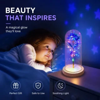 LED roze stikla kupolā, dekoratīva zilā rozes gaisma, rozes svečturis ar LED apgaismojumu, stikla kupola roze ar lampiņām 2