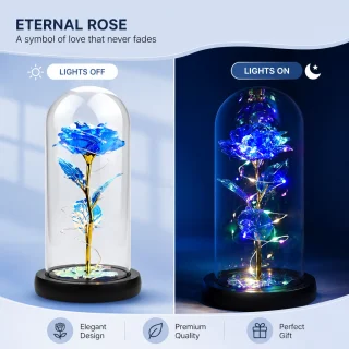 LED roze stikla kupolā, dekoratīva zilā rozes gaisma, rozes svečturis ar LED apgaismojumu, stikla kupola roze ar lampiņām 3