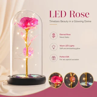 LED roze stikla kupolā, dekoratīva rozā LED gaismas roze kupolveidolā, dekora roze ar apgaismojumu 2