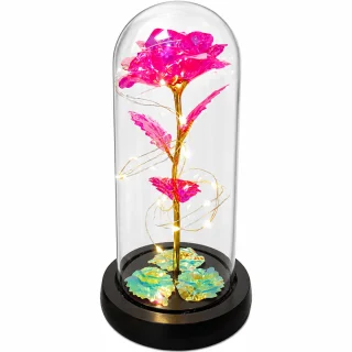LED roze stikla kupolā, dekoratīva rozā LED gaismas roze kupolveidolā, dekora roze ar apgaismojumu