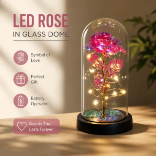 LED roze stikla kupolā, dekoratīva rozā LED gaismas roze kupolveidolā, dekora roze ar apgaismojumu 4