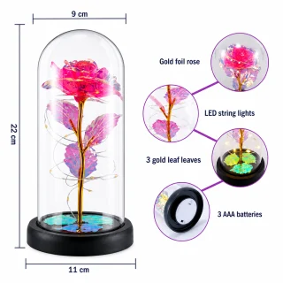 LED roze stikla kupolā, dekoratīva rozā LED gaismas roze kupolveidolā, dekora roze ar apgaismojumu 5