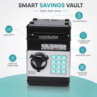 Elektroniskā krājkase ar PIN kodu, melna seifa tipa naudas kaste, elektroniskais seifs, bērnu krājkase 2