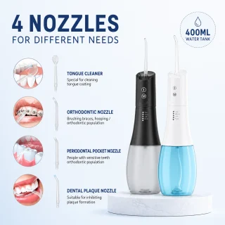 Ūdens diegs ar 400 ml tvertni, pārnēsājams mutes irigators ar 6 uzgaļiem zobu un smaganu tīrīšanai, mutes duša, zobu ūdens strūklas tīrītājs 3