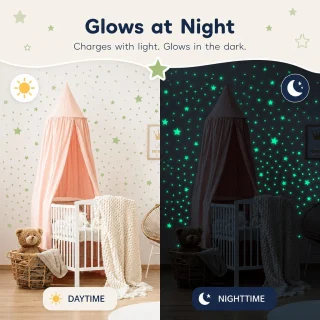 Luminiscējošas sienas uzlīmes ar mēnesi, mirdzošs 30 cm mēness un 423 spīdošas zvaigžņu uzlīmes, glow in the dark sienas dekoru komplekts, fosforizējošas nakts uzlīmes 3