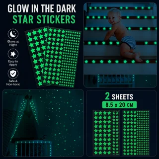 Luminiscējošas sienas uzlīmes ar mēnesi, mirdzošs 30 cm mēness un 423 spīdošas zvaigžņu uzlīmes, glow in the dark sienas dekoru komplekts, fosforizējošas nakts uzlīmes 2