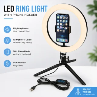 Gredzenveida LED gaisma ar statīvu 20 cm, riņķveida lampa ar mazo trijkāja statīvu, LED riņķa lampa, gredzenlampa 2