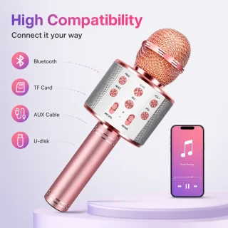 Bezvadu karaoke mikrofons bērniem, rozā, Bluetooth karaoke mikrofons, karaoke dziedāšanas mikrofons 5